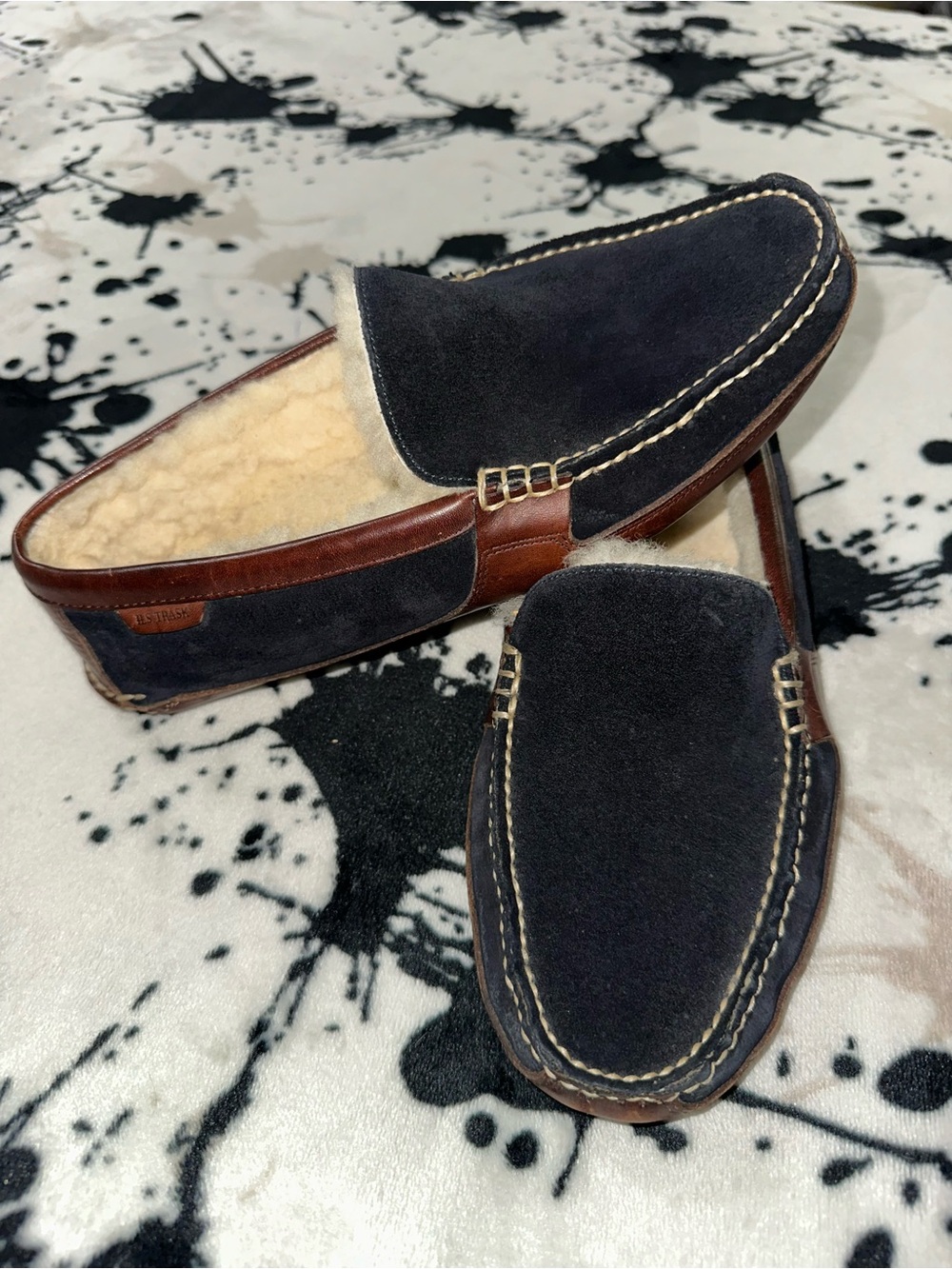 H.S. Trask Suede Shearling Moccasin Slippers Navy Brown Loafers|9M| fits 8-8.5